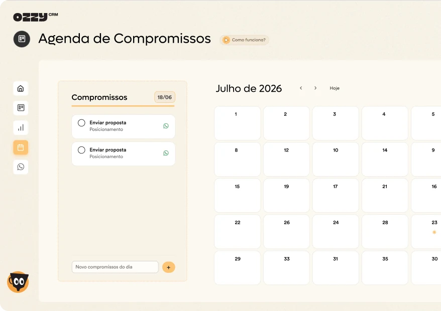 Tela Agenda de Compromissos do Ozzy CRM, com a lista de compromissos do dia ao lado do calendário do mês