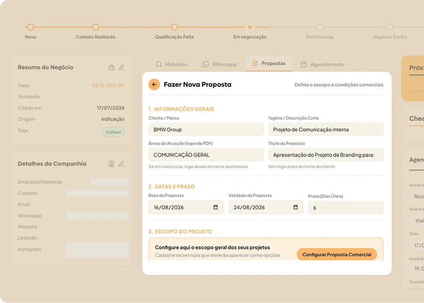 Tela do negócio no Ozzy CRM com o formulário Fazer Nova Proposta aberto sobre ela