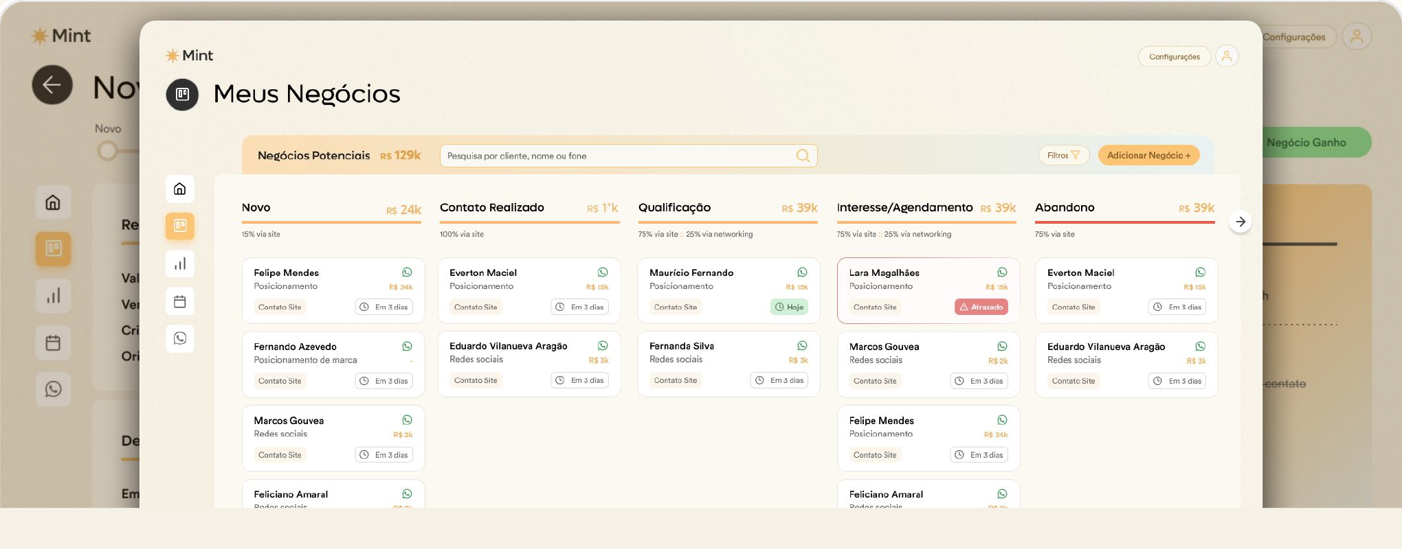 Telas do Ozzy CRM: detalhes do negócio e funil kanban