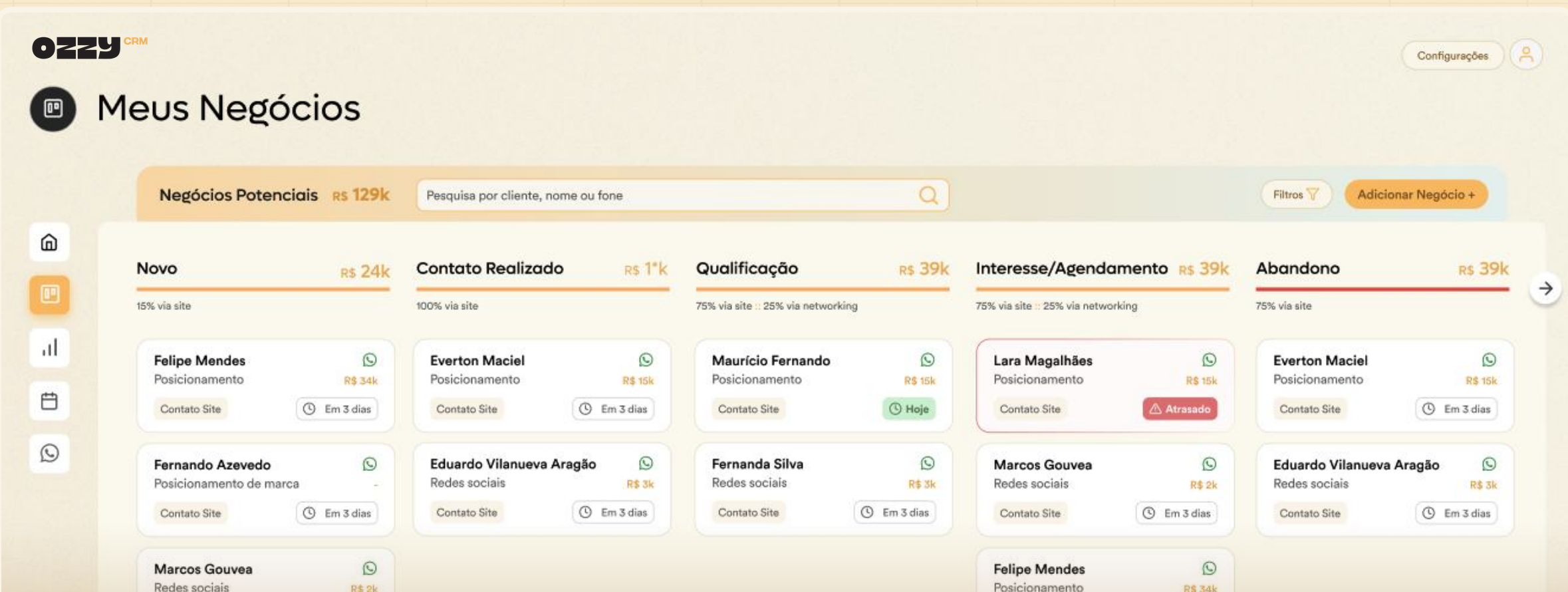 Tela Meus Negócios do Ozzy CRM, com o funil de vendas em colunas
