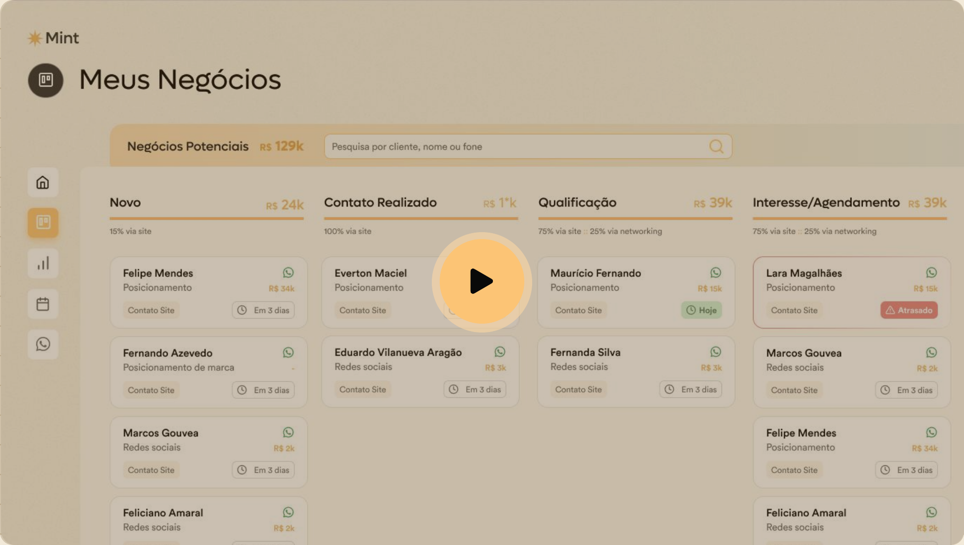 Tela Meus Negócios do Ozzy CRM — funil de vendas em kanban