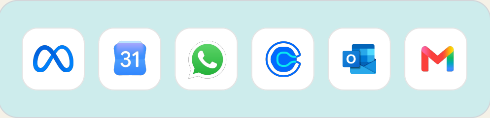 Integrações: Meta, Google Agenda, WhatsApp, Calendly, Outlook e Gmail